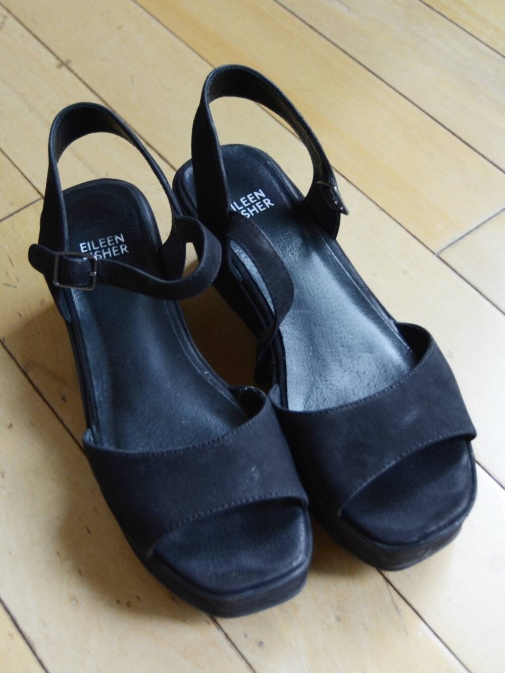 EILEEN FISHER Mime Tumbled Nubuck Platform Sandal Black Size 7.5